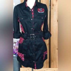 Y2K Black Red Women’s Coogi Utility Mini Dress Size Medium Button Down With Belt